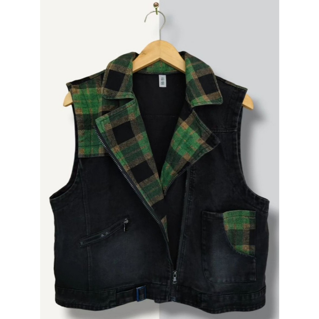 ROMPI CROP RAMONES WANITA - DM DENIM TARTAN WOMEN CROP VEST