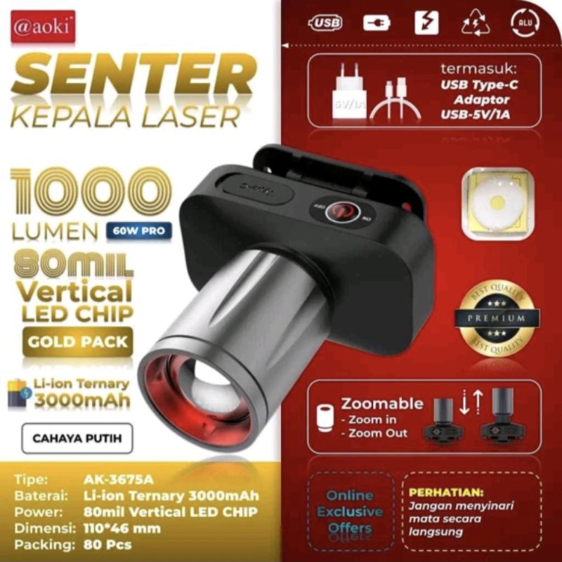 SENTER KEPALA ZOOM AOKI AK-3675A 60W PRO 1000 LUMEN