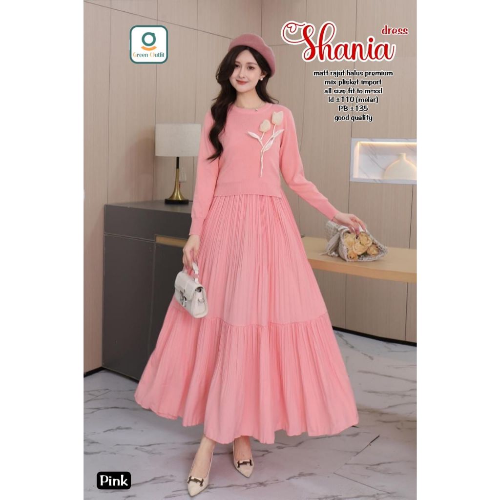 shania midi dress dres pakaian baju gamis pesta kondangan bahan rajut halus plisket import adem mela