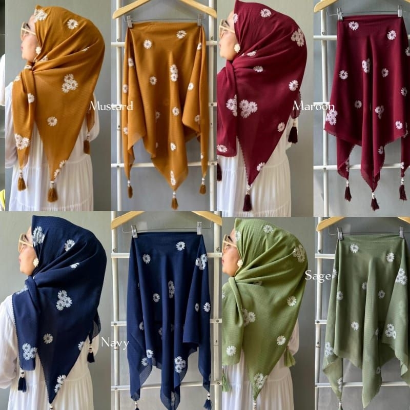 HIJAB SEGI EMPAT POTTON STAR RUBICON MOTIF SABLON kEMBANG Daisy// kerudung segi empat potton star Ru