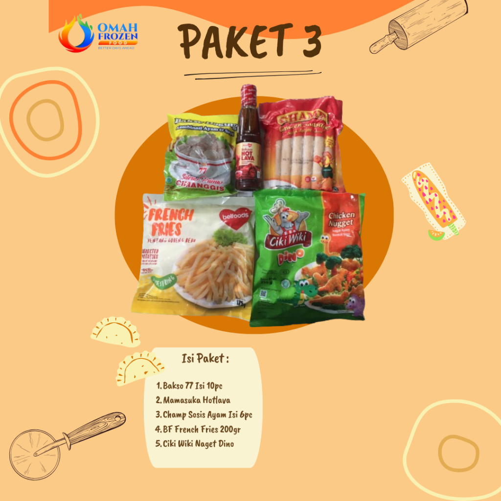 

Paket 3 Paket Frozen Food (NON COD DILUAR KARISIDENAN SOLO) (Bakso 77, Mamasuka Hot Lava, Champ Sosis Ayam, Belfoods French FriesCikiwiki Naget Dino)