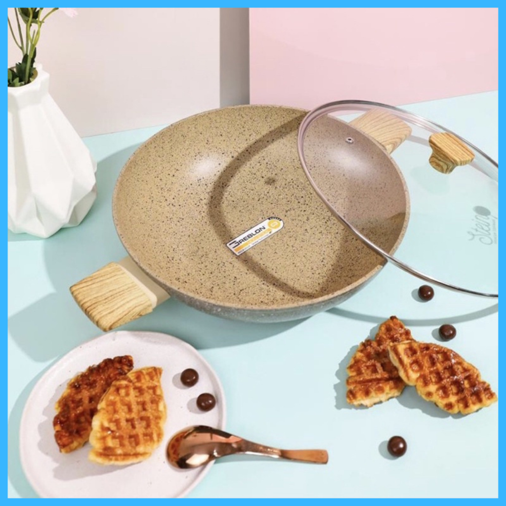 Steincookware Wok Pan Granite Wajan Penggorengan Anti Lengket Dengan Tutup 32 cm Onyx Series