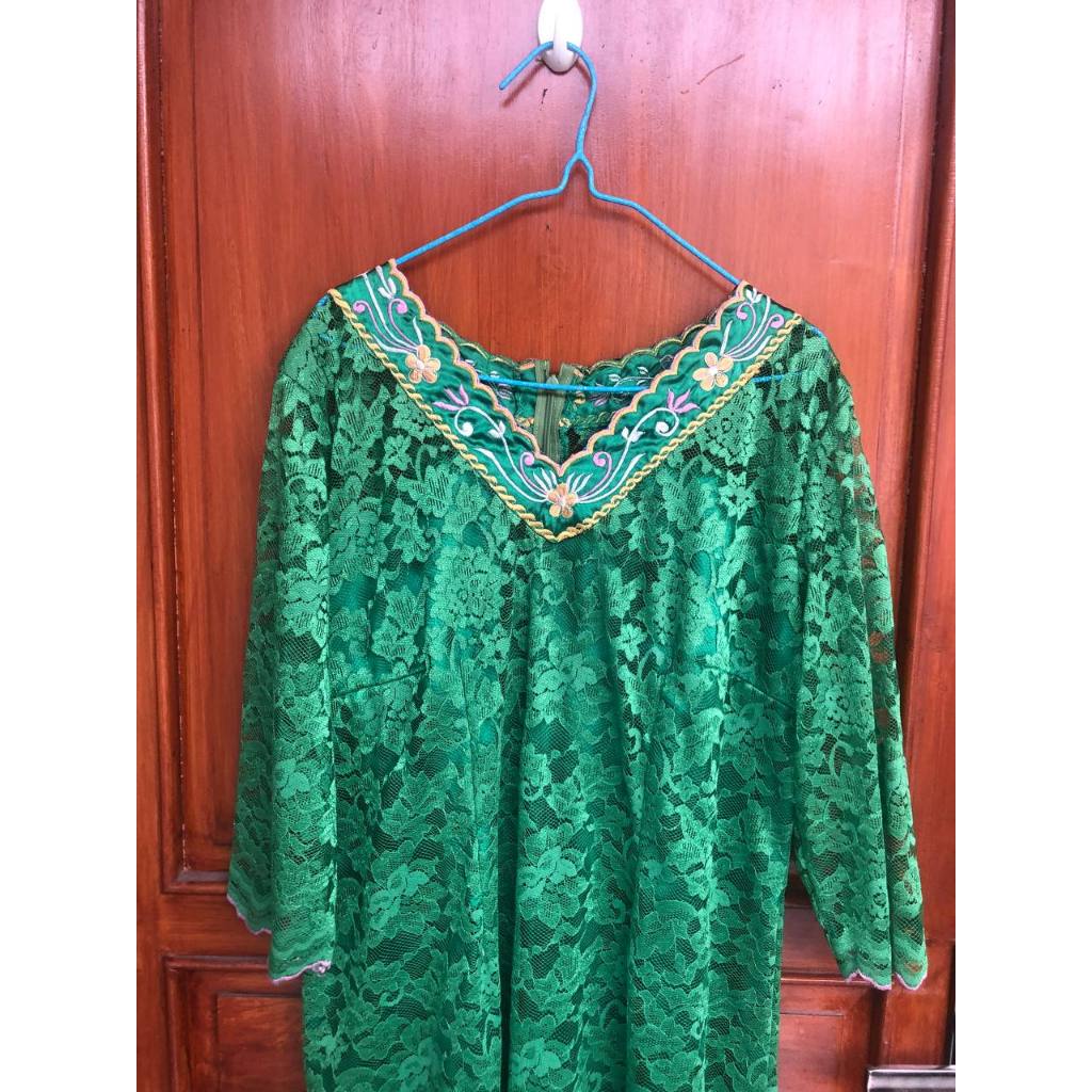 dress brokat vneck warna hijau