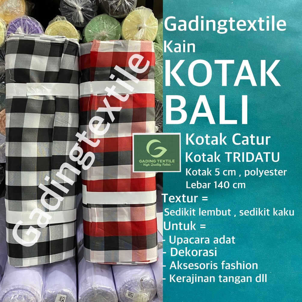 KODE V58Q  per 1 roll  kain motif kotak kotak bali hitam putih merah catur tridatu polyester 5 cm le