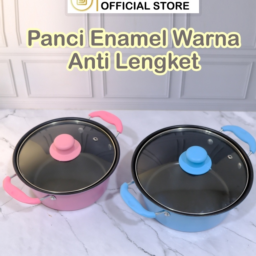 KF7 TEXANIA Panci Enamel Warna Anti lengket Tutup kaca  Panci kuah Sup