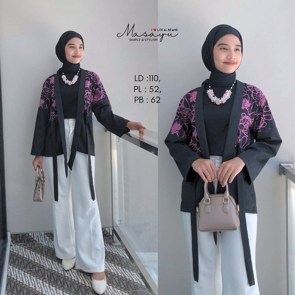 Blazer Kimono Kombinasi Outer Batik Wanita Terbaru Modern Kekinian Outfit Korean Hijab Style Ootd Si