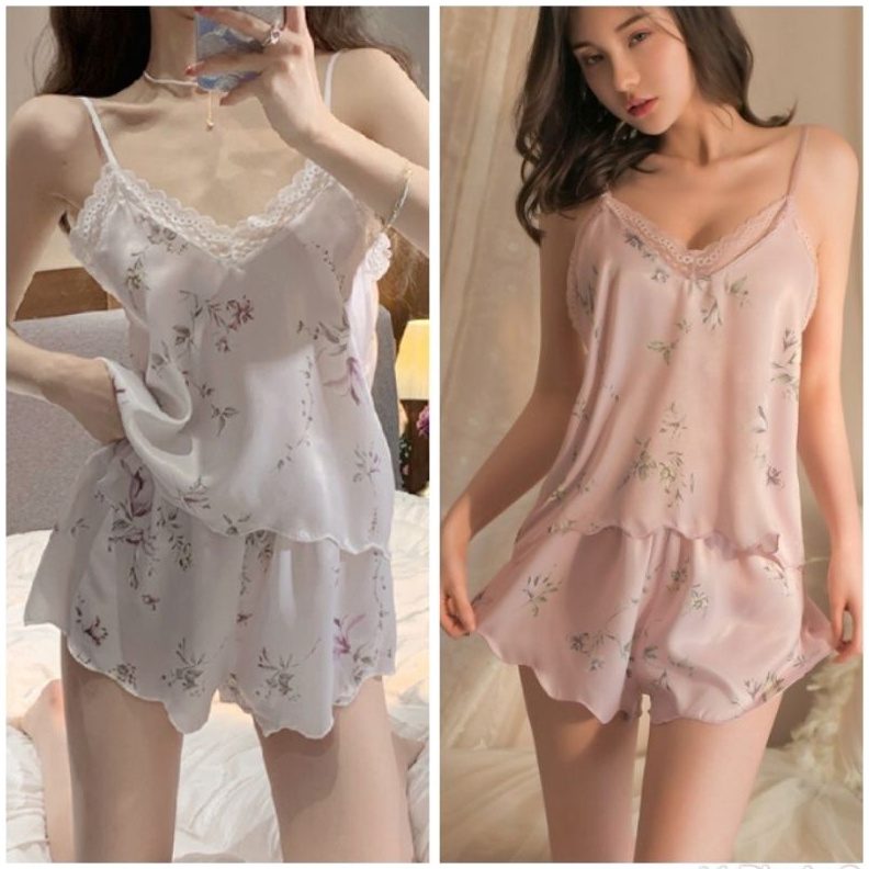 KODE C86S Sleapwear Pajamas Baju Tidur Sexy Satin Stelan bunga