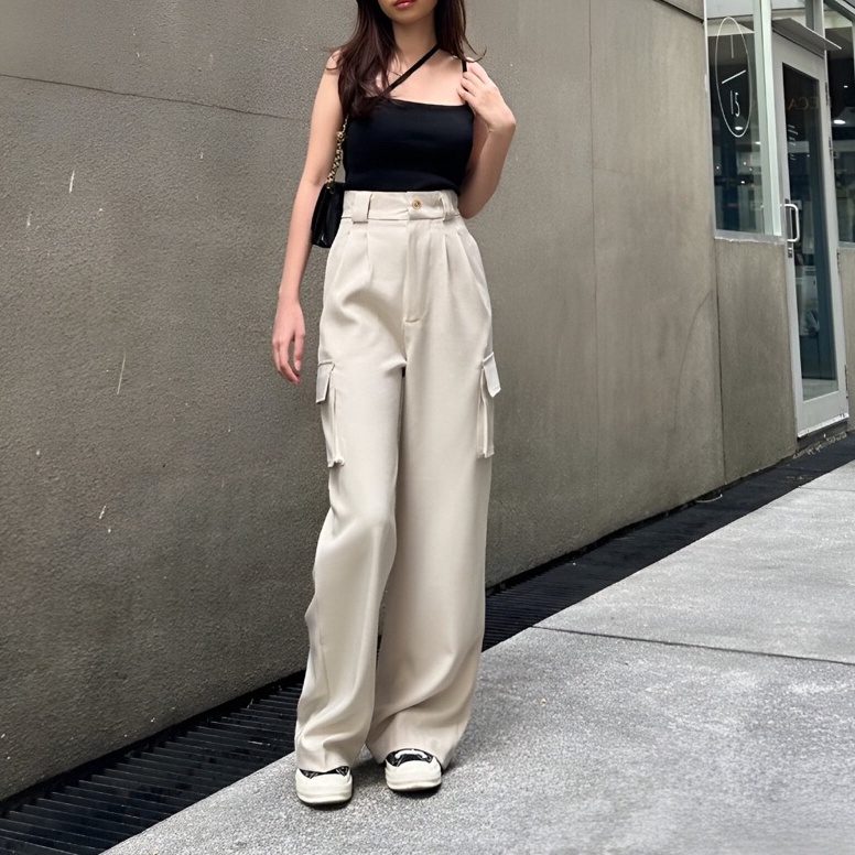 KODE Q49Z Celana Panjang Wanita Highwaist Kulot Cargo Kain Drill Premium Jumbo