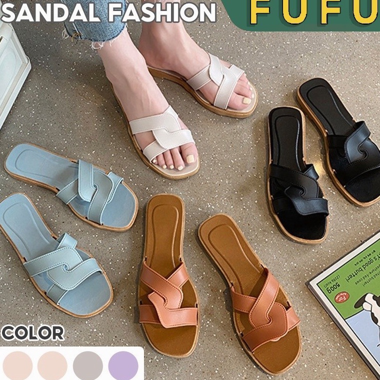 Jangan Ketinggalan order FUFU sendal slopsandal rumah  sandal wedges baru Sandal Wanita Fashion Kore
