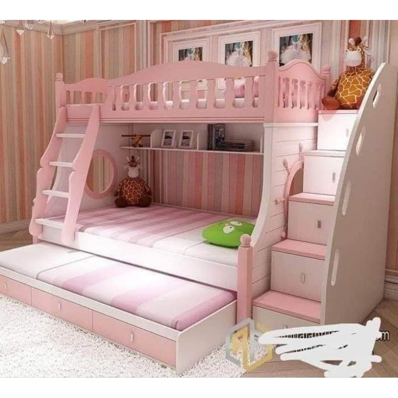 Ranjang anak tingkat untuk anak cewek, ranjang anak cewek warna pink asli Jepara,