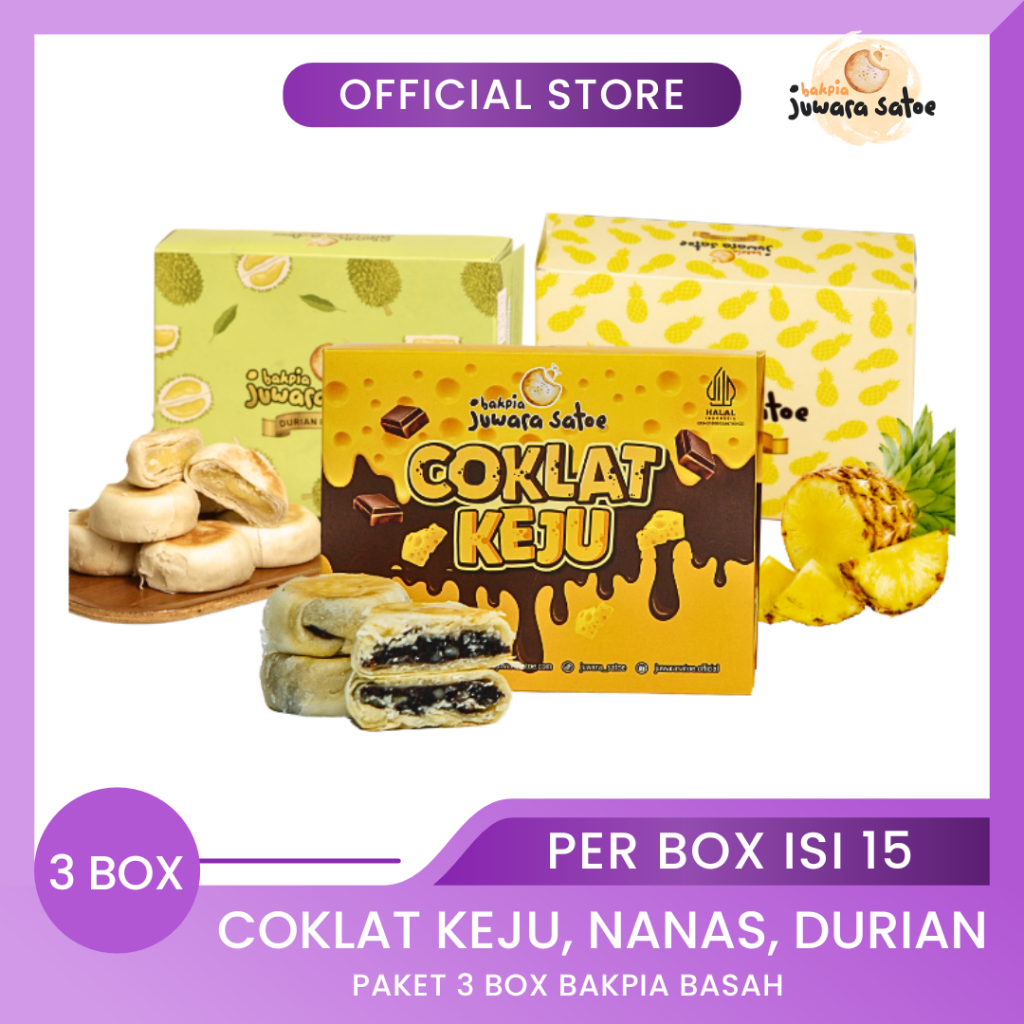 

BAKPIA JUWARA SATOE [ 3 Box ] Paket Bakpia Basah (Coklat Keju, Nanas, Durian) - Oleh Oleh Khas Jogja