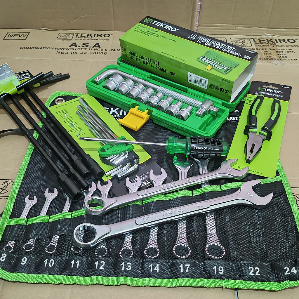 TEKIRO Paket Bengkel lengkap 6Set Box Kunci Sok+Kunci Ring Pas+Kunci L+Obeng+Tang+Kunci T / Alat Ben