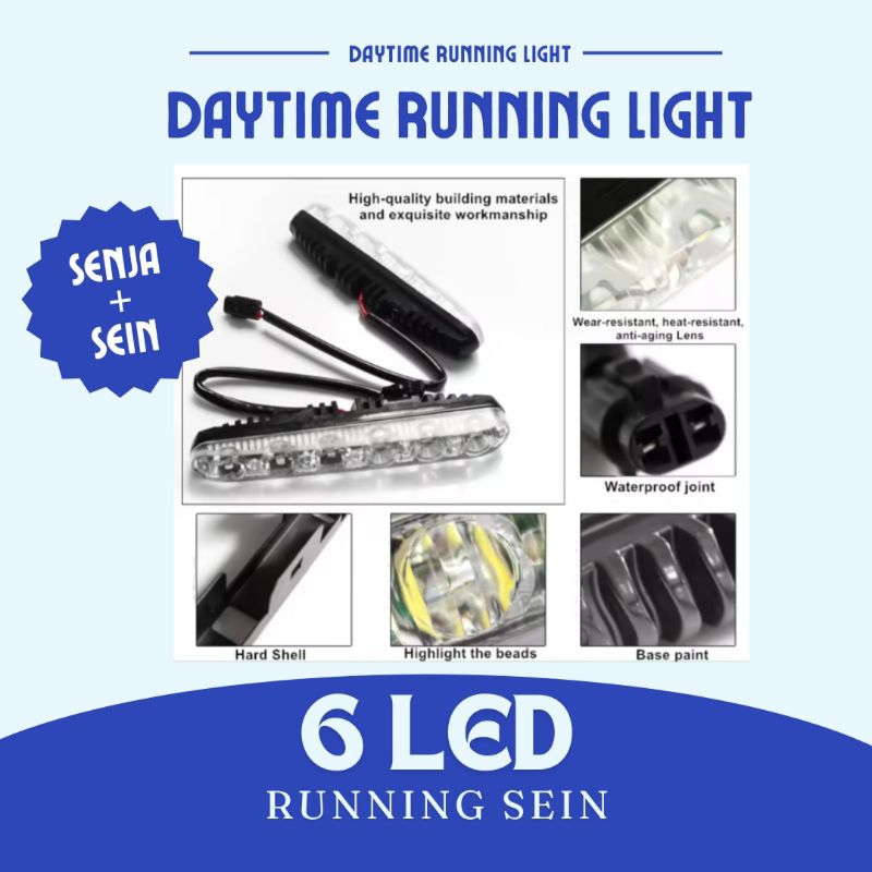 Lampu drl Led 6 Mata lights warna putih 12v