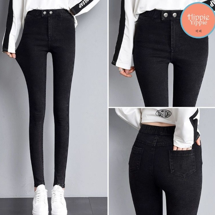 KODE O72A Celana Hitam Korea Jegging Kancing dua Hippie Fashion