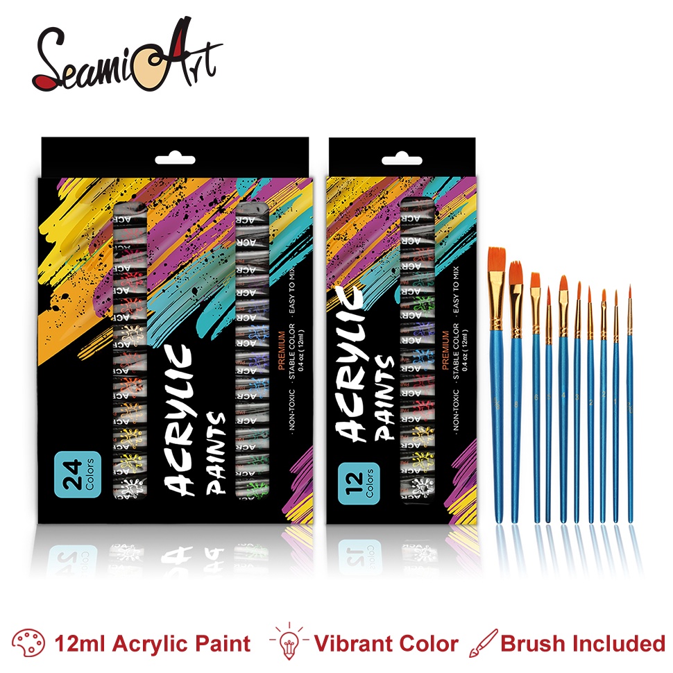 

KODE J15K SeamiArt 12 24color Acrylic Paint Set 12ml Tube Acylic with 1pcs Painting Brush Cat akrilik 12 24 Warna