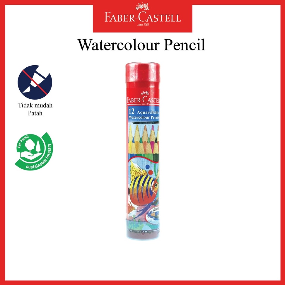 

KODE R67W Pensil Warna Faber Castell 12 Water Colour Pencil Ukuran Long Kemasan Round Tin Bonus Kuas