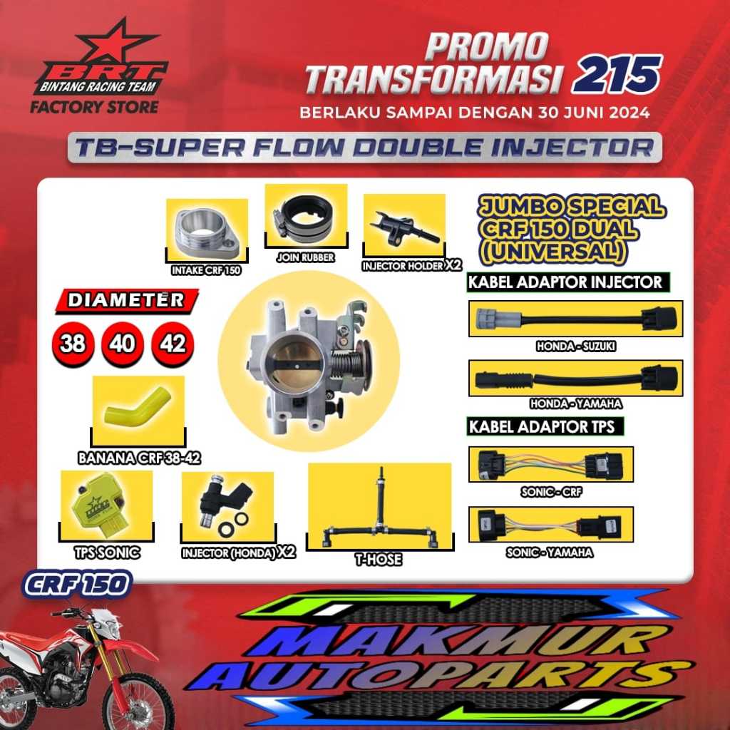 PAKET JUMBO SPECIAL TB THROTTLE BODY CRF 150 DUAL (UNIVERSAL) SUPER FLOW DOUBLE INJECTOR INJEKSI CRF