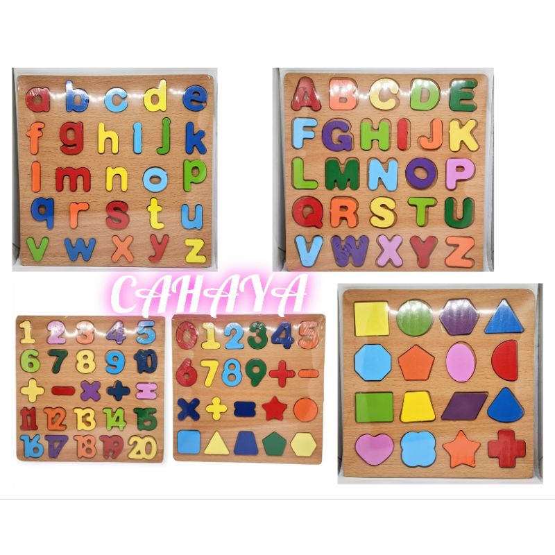 puzzel kayu mainan edukasi anak huruf angka bentuk hewan transportasi