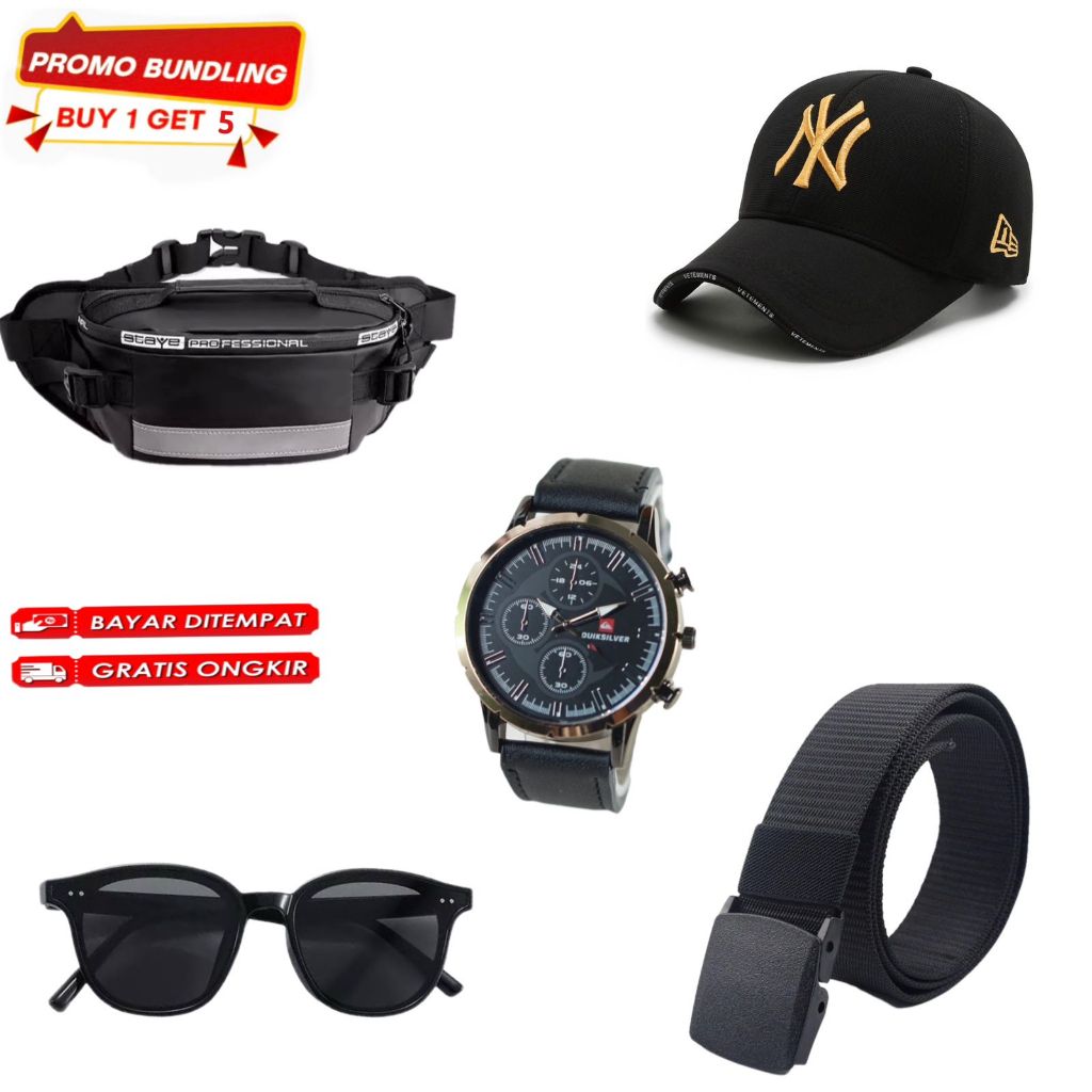 Tas Pinggang Pria PROMO PAKET MURAH ISI 5 ITEM (Tas pinggang - topi - jam tangan - dompet -kacamata)