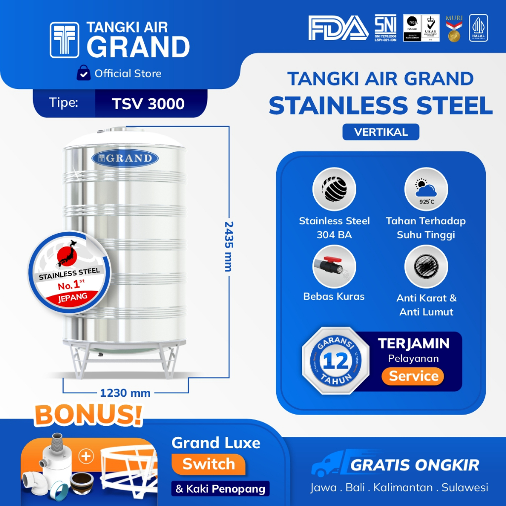 Toren Tandon Air Tangki Stainless Grand TSV 3000 Anti Lumut Halal Garansi 12 Tahun