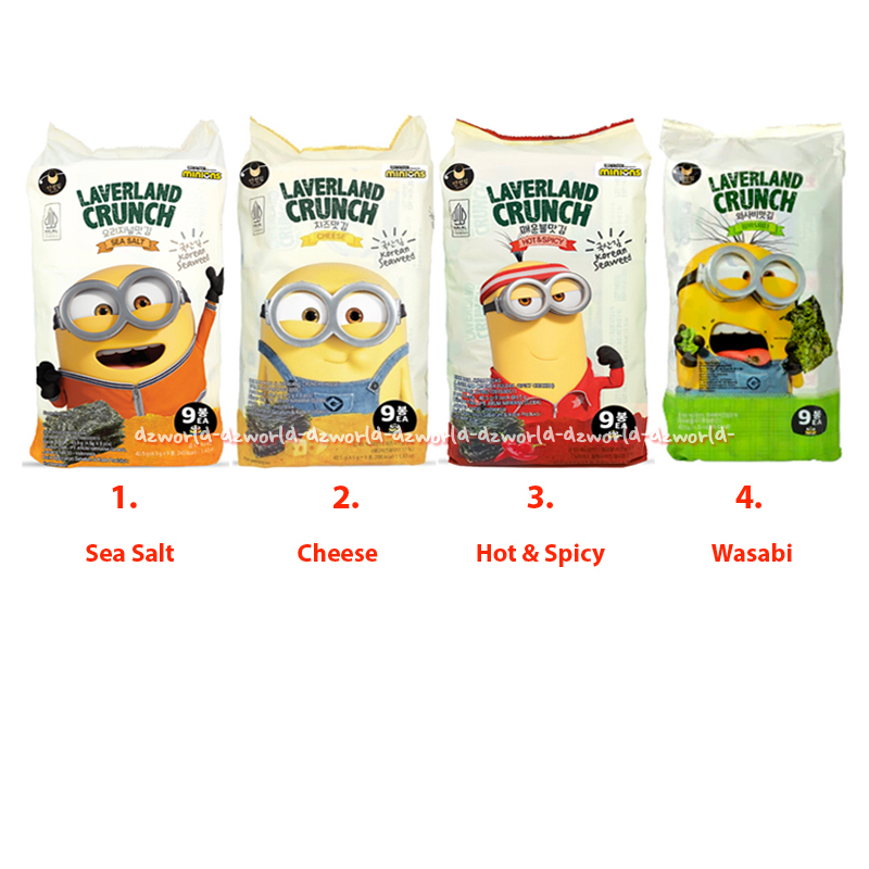 

Laverland Crunch 9pack Seaweed Seasalt Cheese Hot & Spicy Wasabi Buldak Rumput Laut Rasa Asin Keju Ayam Pedas Laver land Krunci Minions