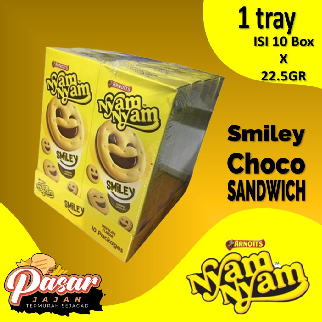 

Nyam Nyam Smiley Mini 22.5Gr per box isi 10 lebih hemat biskuit Sandwich Choco bentuk emoticon lucu