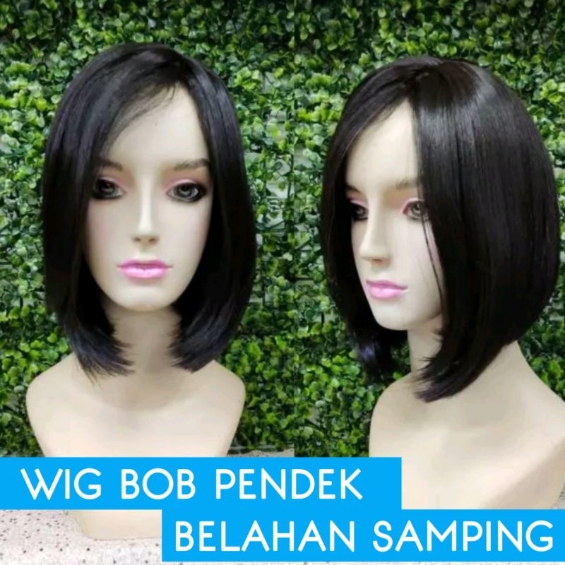 Wig Wanita Model Bob Pendek Belahan Samping Tanpa Poni Rambut Palsu Wanita Belah Samping Tanpa Poni 