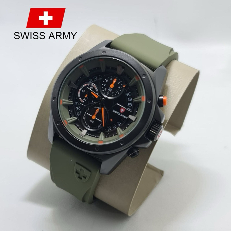 ( BISA COD ) Jam Tangan Pria SWISS SA Sport Army Rubber Tali Karet Chrono Tanggal Aktif Jam Tangan F