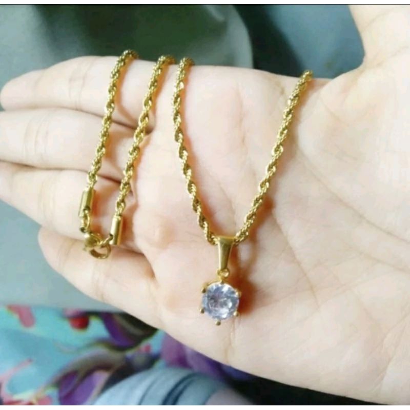 Kalung Titanium Wanita Model Tambang Anti Karat Dan Anti Luntur Perhiasan Lapis Emas Asli Ori Import