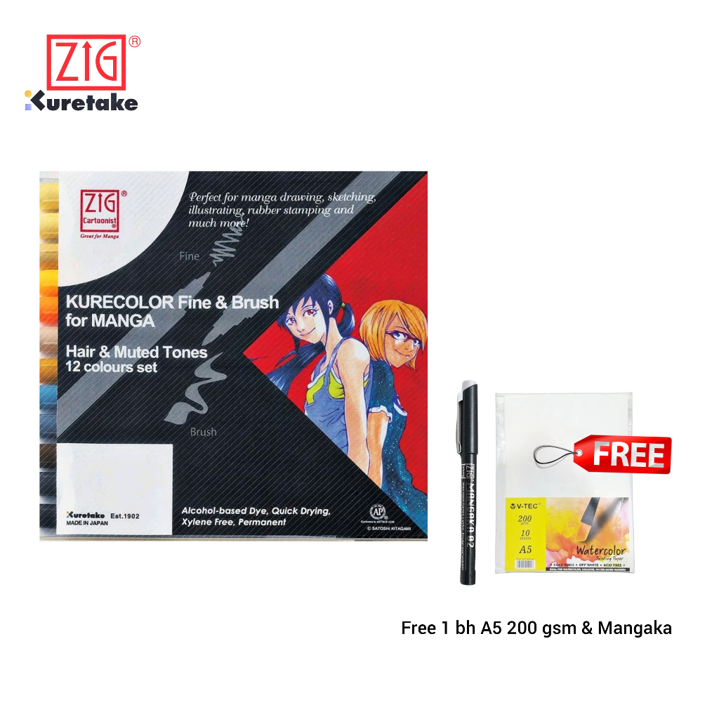 

HOLIDAY SALE!! ZIG KURECOLOR FINE & BRUSH 12 Color Set CNKC-2200 FREE MANGAKA RANDOM & WATERCOLOR PAPER