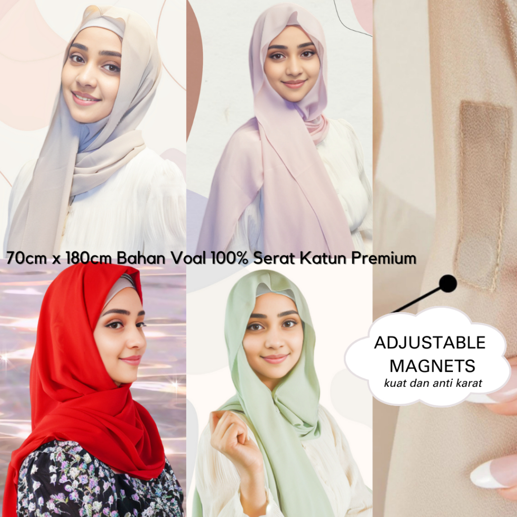 Hijab Magnetic Bahan Voal 100% Serat Katun Cotton Premium Kerudung Instant Magnet Jilbab Instan Magn