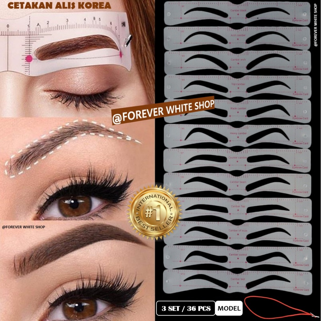 BENTUK ALIS ASIA & EROPA 3 SET - Cetakan Alis Tali Karet 36 Pcs Model Stensil Alis Cetakan Alis Untu