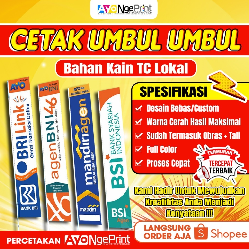 BENDERA UMBUL UMBUL CUSTOM PRINTING LOGO / TULISAN / WARNA FULL COLOR - BAHAN KAIN TC LOKAL