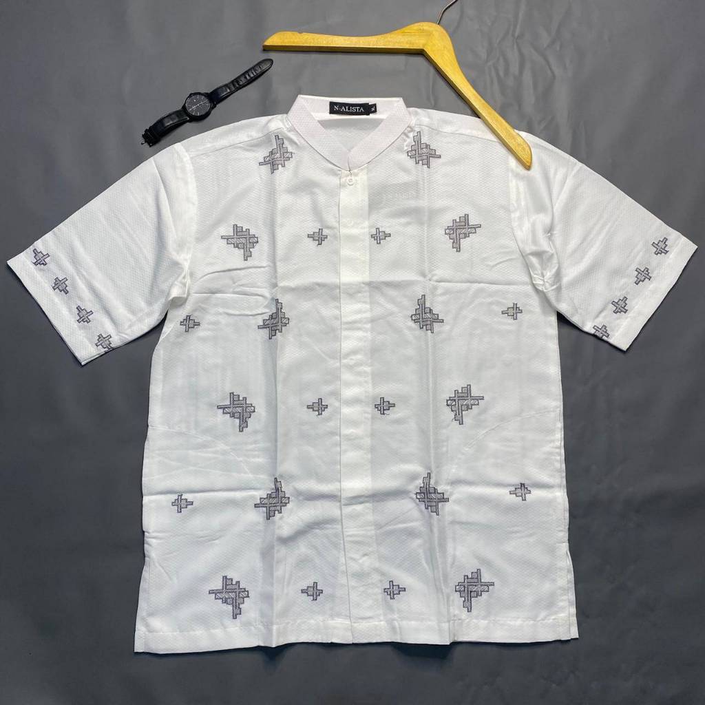 Baju Koko Poli Katun Bordir Lengan Pendek Ukuran  M L XL XXL 3XL 4XL - Putih Tulang
