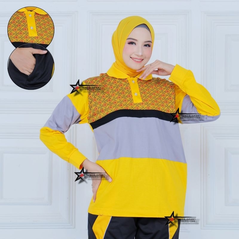 Kaos Senam motif batik / Baju Olahraga Wanita Lengan panjang / Atasan Kaos Olahraga