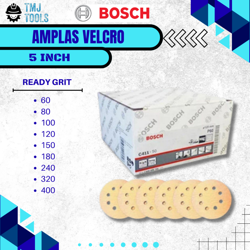BOSCH Amplas Velcro Bulat 5 Inch 8 Lubang Grit Lengkap NO Grit P 60 80 100 120 150 180 220 240 280 3