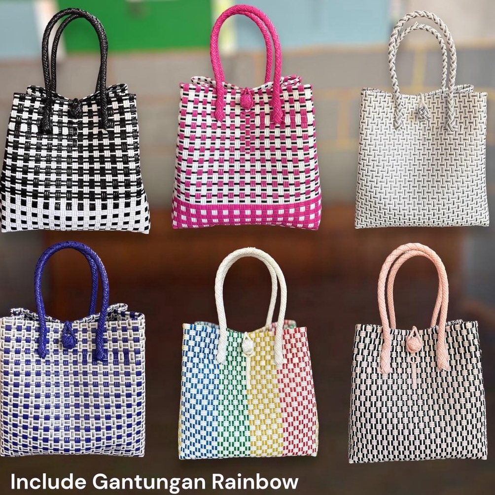 Top Design FREE RAINBOW Tas Jali Wanita Anyaman Plastik Handle Pendek KHANZA Termurah