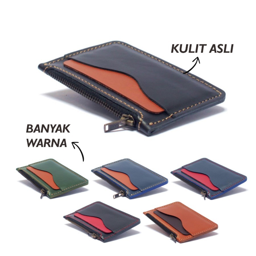 Dompet kartu zipper resleting kulit asli slim simpel wallet