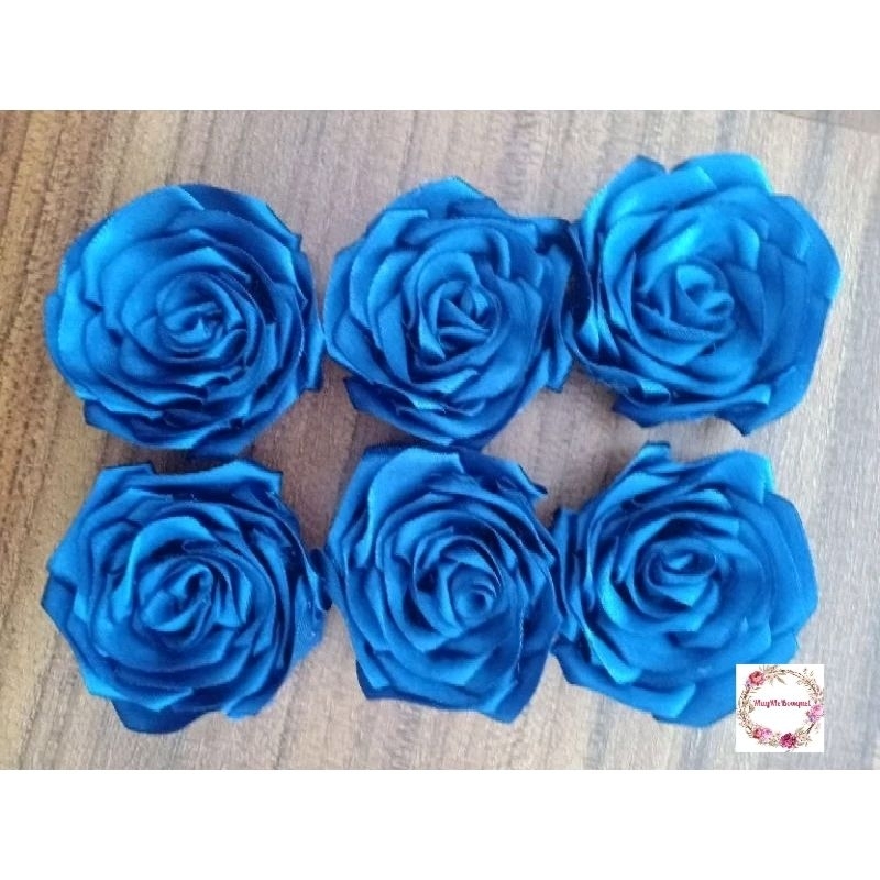 Bunga Mawar Pita Satin Warna Biru Hiasan untuk Buket Bunga Bros Seserahan