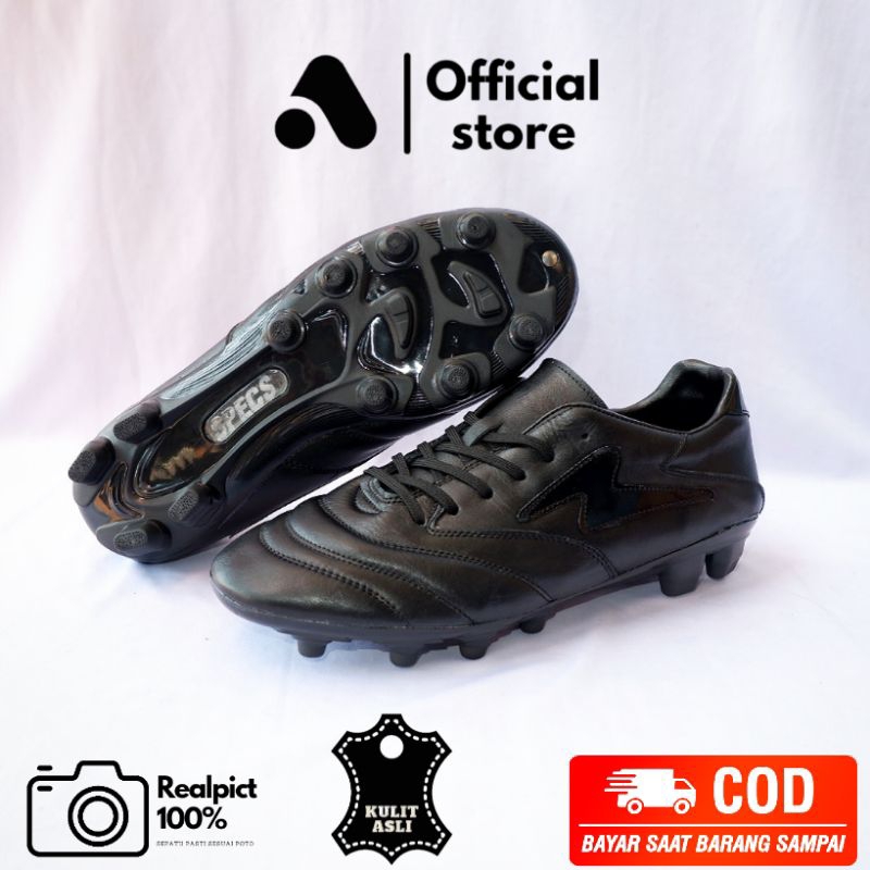 sepatu bola specs bahan kulit asli warna fullblack free kaos kaki