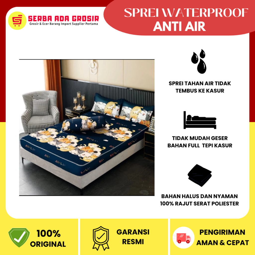 Sprei Sultan Waterproof Ukuran180x200 cm &160x200 cm + 2 sarung bantal