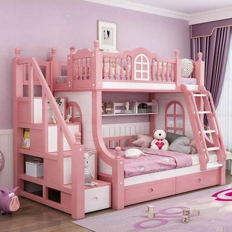 Tempat tidur anak tingkat warna pink, Ranjang tingkat anak perempuan, Ranjang tingkat 3 kasur,