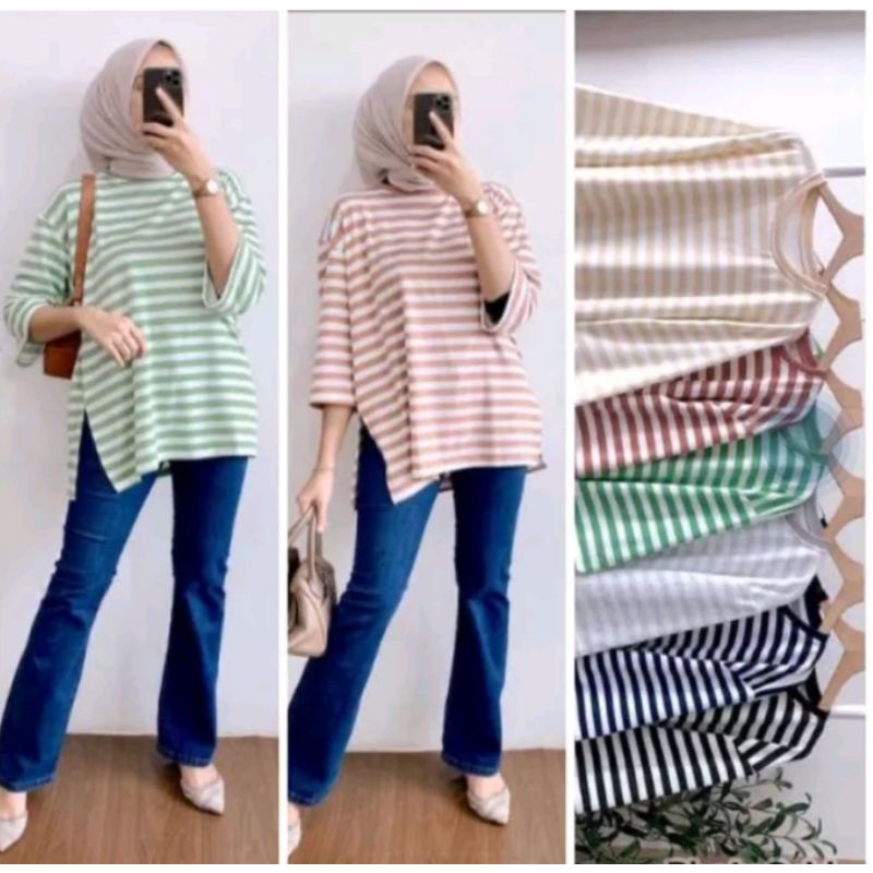 Kaos wanita oversize motif salur / Blouse wanita salur