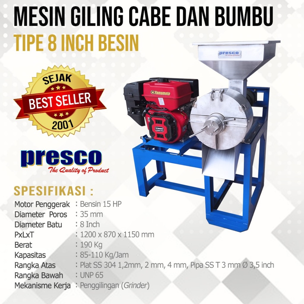 Mesin Giling Cabe dan Bumbu Type 8 Inch Diesel PRESCO