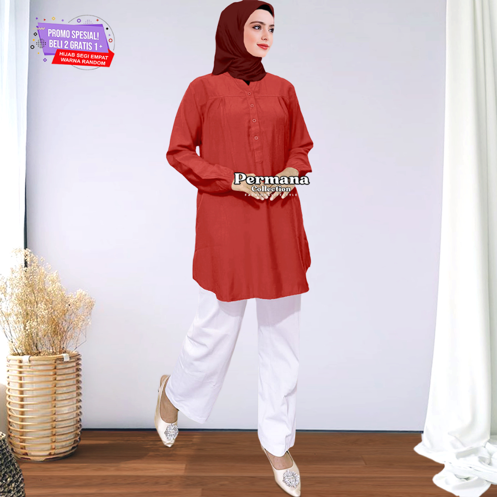 Jumbo Size Polos: Baju Kemeja Blouse Wanita Busana Muslim Dewasa Warna Merah Bata