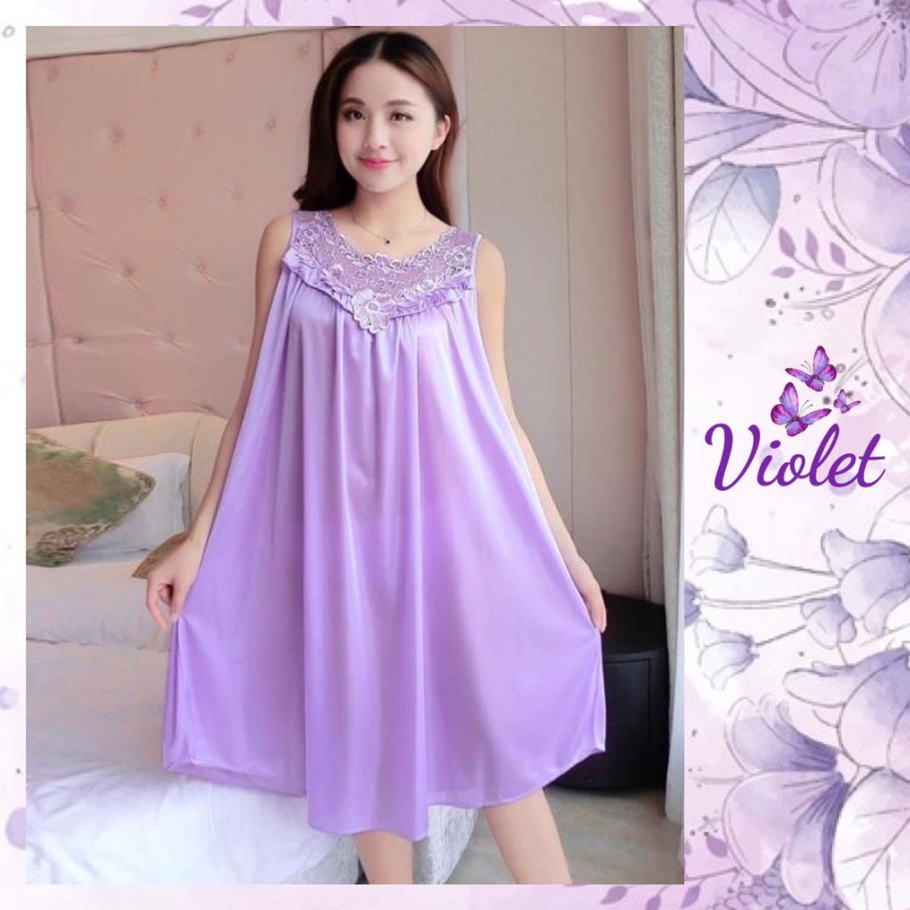 KODE U93V Violet Lingerie Daster Satin Brokat Jumbo XL Korea Terkini Motif Bunga Lace Import 118
