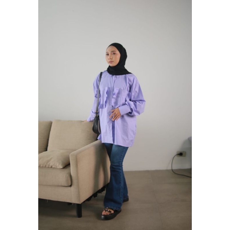 Kemeja Premium Bahan Katun Poplin Kantong Ungu Lilac Renda