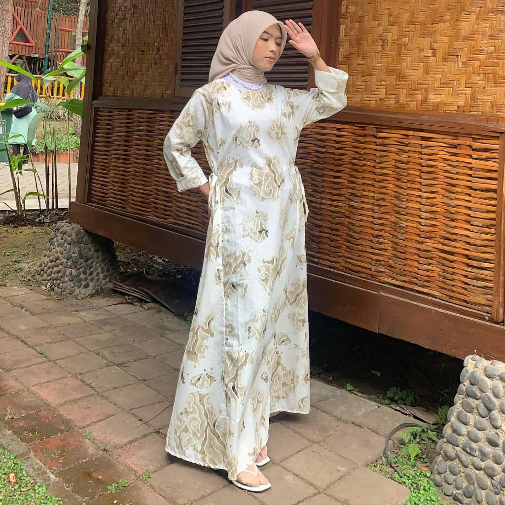 BATIK TRUSMI Dress Gamis Batik Wanita Motif Mega Mendung Bumi Tali Hijau Bahan Katun
