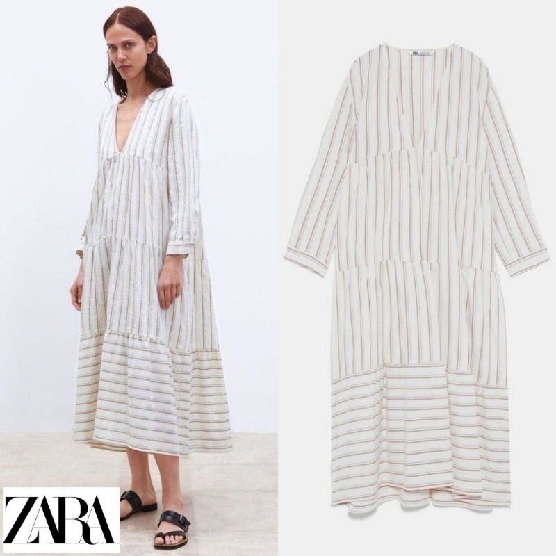 [ZARA] Striped Panelled Long Dress Tiered Babydoll Textured Cotton V Neck Flare Shirt Long Sleeve Su