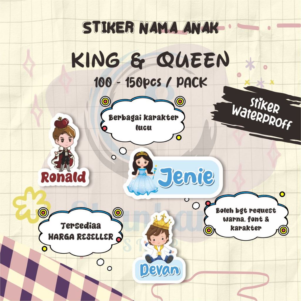 

( 100-150pcs) Stiker Nama TEMA KING & QUEEN / Stiker Custom / Stiker Langsung Tempel / Stiker Efek Hologram